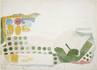 Painting of part of a mural depicting a scene of human sacrifice from above the door of the inner chamber, Upper Temple of the Jaguars, Upper Temple Ball Court, Chichen Itza, Mexico (watercolor) بواسطة أديلا بريتون