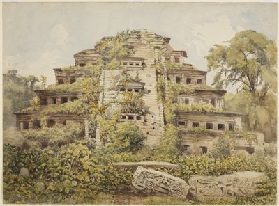 رسم المعبد المدمر (هرم الكوات) في El Tajin ، بابانتلا ، المكسيك (ألوان مائية) بواسطة أديلا بريتون