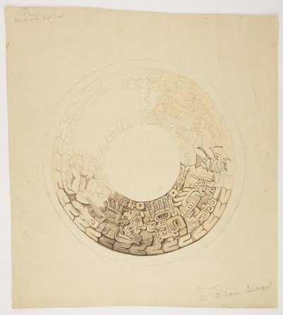 Pot cover from Belize (formerly British Honduras) Circular design, part of which is missing, shows a design including figures of men, glyphs etc (watercolor) بواسطة أديلا بريتون