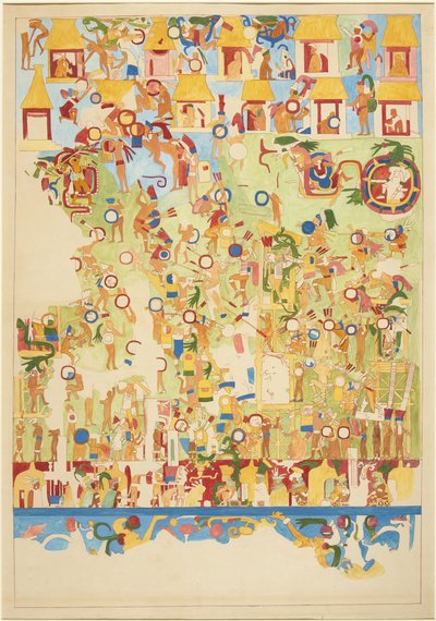 Quarter-scale copy of a wall painting from the south wall of the Upper Temple of the Jaguars, Chichen Itza, Mexico (watercolor) بواسطة أديلا بريتون