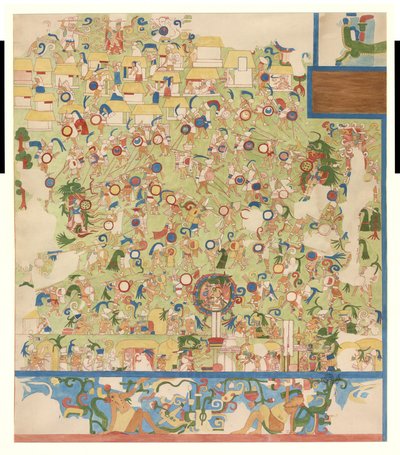نسخة ربع حجم لرسوم جدارية من الطرف الجنوبي للجدار الغربي ، المعبد العلوي لجاغوار ، تشيتشن إيتزا ، المكسيك (ألوان مائية) بواسطة أديلا بريتون