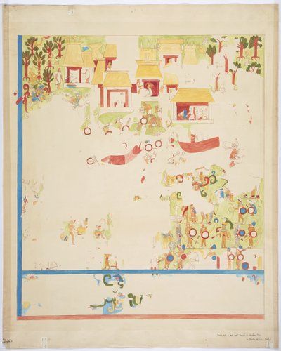 Quarter scale copy of a painting from the south end panel, east wall, inner chamber, Upper Temple of the Jaguars, Great Ball Court, Chichen Itza, Mexico (watercolor, bodycolour & red ink) بواسطة أديلا بريتون