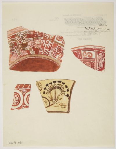 Three fragments of red pottery with designs incLuding a running dragon-like figure in white, and one fragment of buff pottery with design in brown (watercolor) بواسطة أديلا بريتون