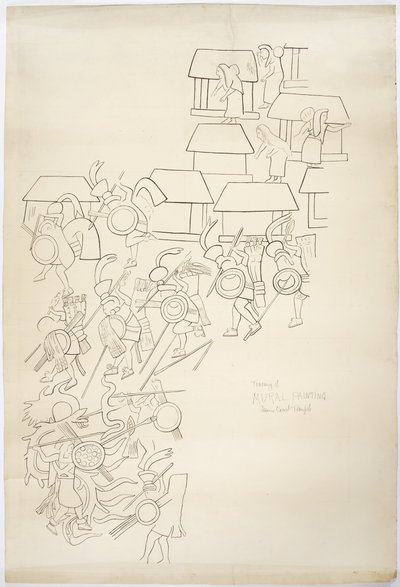 Tracing of a mural painting from the West Wall, Upper Temple of the Jaguars, Chichen Itza, MexicoTracing is inked over (black ink & graphite) بواسطة أديلا بريتون