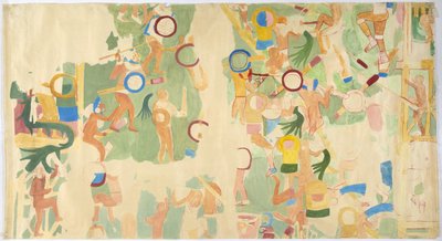 Tracing of a wall painting from south wall, inner chamber, Upper Temple of the Jaguars,Great Ball Court at Chichen Itza, Mexico paint (watercolor & bodycolour) بواسطة أديلا بريتون