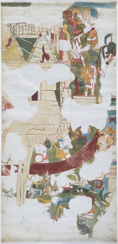 Watercolour on linen type paper Tracing of mural from a vault in a large chamber at Casa de Monjas, Chichen Itza, Mexico (watercolor & bodycolour) بواسطة أديلا بريتون
