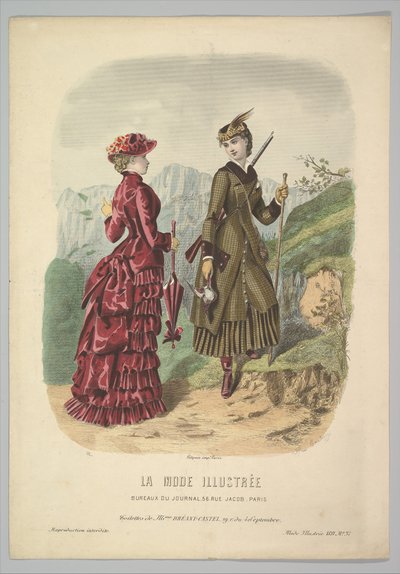 سيدة ترتدي زي صيد مع سيدة ترتدي زي المشي على طريق جبلي من La Mode ... ، 1881. بواسطة Adèle Anaïs Colin