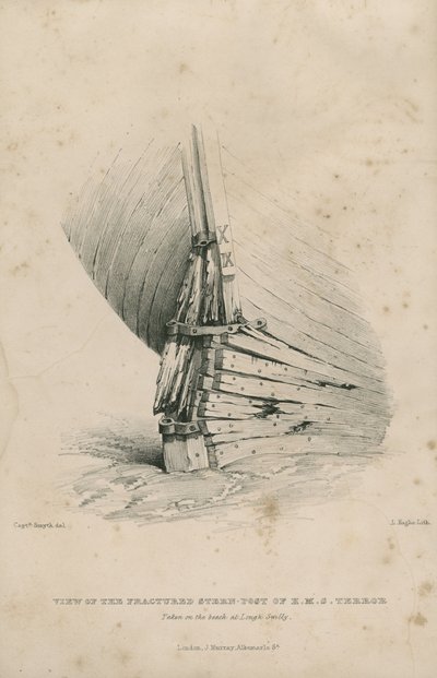 منظر لمؤخرة السفينة HMS Terror المكسورة: تم التقاطها على الشاطئ في Lough Swilly بواسطة الأدميرال وليام هنري سميث