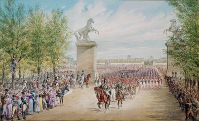 Tsar Alexander I (1777-1825) climbs up the Champs Elysees with his army in Paris in 1814. Painting by Adolf Charlemagne (1827-1901) بواسطة ادولف جوسيفويتش شارلمان