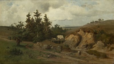 منظر طبيعي بجسر خشبي - مناظر طبيعية بجسر خشبي - أدولف كوساريك (1830-1859). زيت على قماش بواسطة أدولف كوساريك