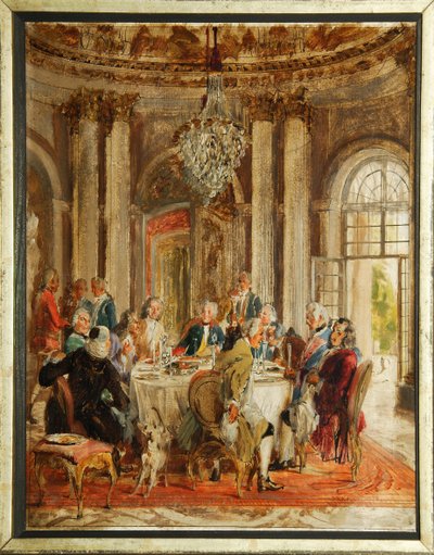 المائدة المستديرة لفريدريك الثاني من بروسيا (1712-1786) مع فولتير (فرانسوا ماري (فرانسوا ماري) أرويت دي فولتير (1694-1778) وكريستوف لودفيج فون ستيل (1696-1752) في قصر سانسوسي - رسم تخطيطي لأدولف فريدريش فون منزل (1815-1905) زيت بواسطة أدولف مينزل