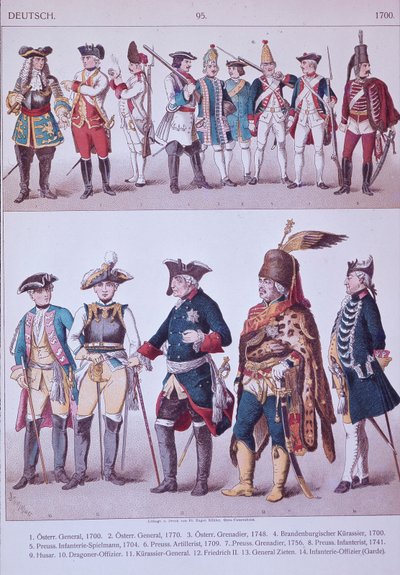 Prussian Grenadiers of the time of Frederick the Great (colour litho) بواسطة أدولف مينزل