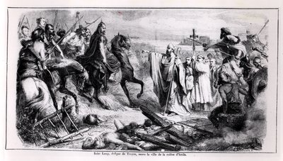 سانت لوب يدافع عن مدينة تروا ضد أتيلا الهون (c.406-453) على حصانه ، توضيح من تاريخ فرنسا ، النصف الثاني من القرن التاسع عشر (صور من وزن الجسم) بواسطة أدولف فرانسوا بانيميكر