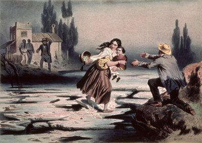 إليزا تعبر الجليد الطافي لنهر أوهايو إلى الحرية ، رسم توضيحي من "كوخ العم توم" بواسطة هارييت بيتشر ستو ، نقش بواسطة تشارلز بور (1814-1881) (ليثو) (انظر أيضًا 90903) بواسطة Adolphe Jean-Baptiste (بعد) Bayot