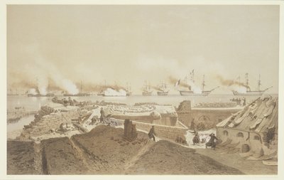 قصف كيل بورون عند مصب نهر دنيبر من قبل الأسطول الفرنسي ، من قلادة Nos Souvenirs de Kil-Bouroun LHiver passe dans Le Liman du Dnieper ، 1855-1856 ، منقوش بواسطة يوجين سيسيري (1 بواسطة أدولف جان بابتيست بايوت وأنطوان ليون موريل فاتيو