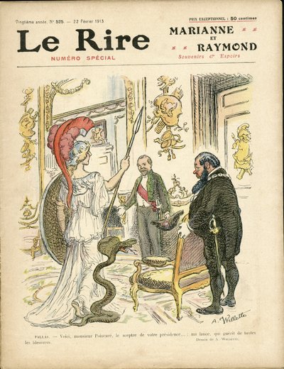 رسم توضيحي لـ Adolphe dit Willette (1857-1926) لغلاف Le Rire ، 22/02/13 - رئيس الجمهورية ، Hat ، Elysee ، كرسي بذراعين (رمز القوة) - Poinscare Raymond بواسطة أدولف ليون ويليت
