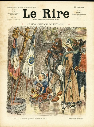 رسم توضيحي لـ Adolphe dit Willette (1857-1926) لغلاف Le Rire ، 26/02/10 - في الذكرى الخمسين للطيران - كوارث الطيران والأزياء والقبعة والحوادث بواسطة أدولف ليون ويليت