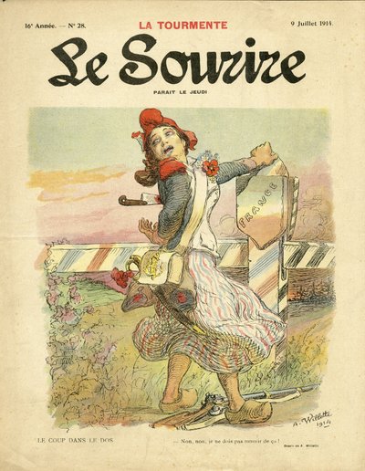 Illustration of Adolphe dit Willette (1857-1926) for the Cover of Le Smile, no 28, 09/07/14 - Le coup dans le dos - Nationalisme, French Revolution, War of 14-18 first mices, Frontières - Marianne بواسطة أدولف ليون ويليت