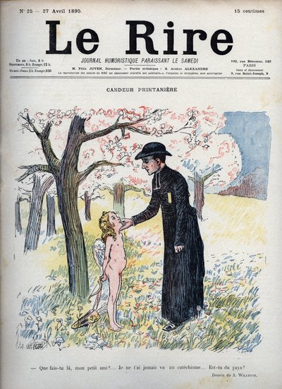 Spring Candeur - في غابة من الزهور ، كاهن يمسّط وجه طفل عارٍ ، ويختبئ خلف ظهره قوس وسهم وزوج من الأجنحة. لا يعرف أنه كيوبيد ، يسأله عما إذا كان جديدًا ، حيث لم يسبق أن رآه أحد في التعليم المسيحي - توضيح بواسطة أدولف ليون ويليت