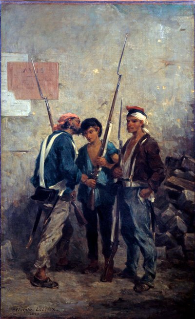 ثورة 1848: "شعار" "" "تمردات باريسية تمر بالكلمة بالقرب من المتاريس في يوم 24/2/1848. لوحة لأدولف بيير ليلوكس (1812-1891) 1848 صن. 0،93 × 0،58 م بواسطة Adolphe Pierre Leleux