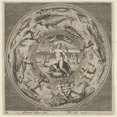 تصميم لصفيحة مع Galatea على صدفة يحيط بها عازفون في حدود ميدالية ... ، 1600. بواسطة أدريان كوليرت