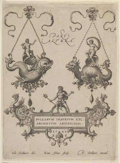 لوحة عنوان ذات تصميمين معلقين أعلاه ونبتون واقفًا على خرطوش بالأسفل ، 1582. بواسطة أدريان كوليرت