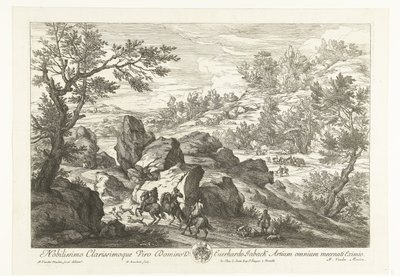 منظر طبيعي مع فرسان عند نتوء صخري المناظر الطبيعية مع الصيادين (عنوان المسلسل) بواسطة Adam Frans van der Meulen