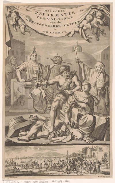 الكنيسة الفرنسية الإصلاحية هاجمها رجل بالبلاء صفحة العنوان لـ: E. Benoist ، Historie der Reformeerde Kerken van Vrankrijk ، 1696 بواسطة أدريان هايلويش