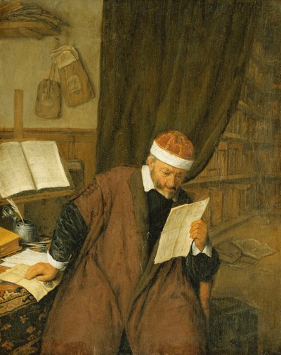 محامي جالس على مكتب يقرأ رسالة ، مكتبة بعدها ، 1668 بواسطة أدريان جانز. فان أوستاد