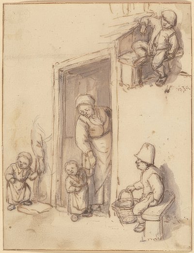 ورقة دراسة مع أم وابنتها في الباب الأمامي ، ولدان جالسان. 1660 بواسطة أدريان جانز. فان أوستاد