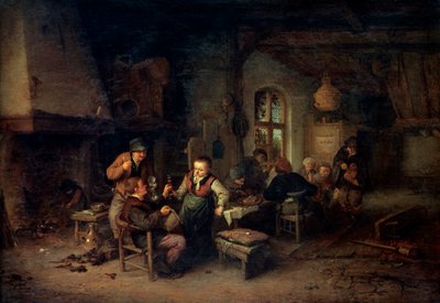 داخل نزل يضم تسعة فلاحين ولاعب Hurdy-Gurdy ، 1653. بواسطة أدريان جانز. فان أوستاد