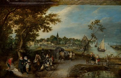 منظر طبيعي مع شخصيات ومعرض قرية بواسطة Adriaen Pietersz van de Venne