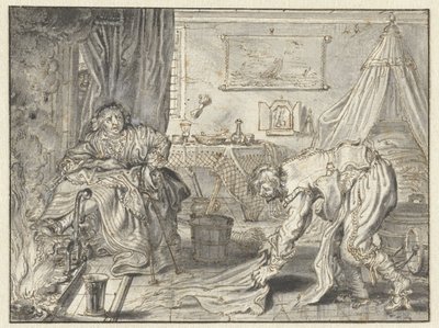 رجل ينظف الأرضية بينما تجلس زوجته بجوار الموقد بواسطة Adriaen Pietersz van de Venne