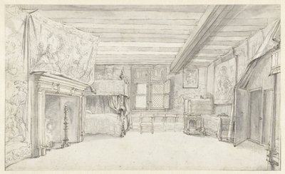 منظر لغرفة معيّنة بغنى مع سرير مغطى بأربعة أعمدة بواسطة Adriaen Pietersz van de Venne