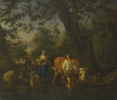 الفلاحون مع الماشية يرعون مجرى مائي ، حوالي 1662 بواسطة Adriaen Velde van de