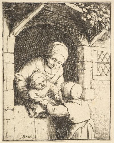 فتاة صغيرة تلعب مع طفل بين ذراعي أمها ، 1610-1685. بواسطة أدريان فان أوستاد
