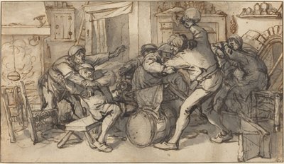 فلاحون يتقاتلون في حانة بواسطة Adriaen van Ostade و Cornelis Dusart