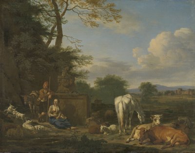 منظر أركادي مع رعاة وحيوانات يستريحون ، 1664 (زيت على قماش على لوحة) بواسطة أدريان فان دي فيلدي