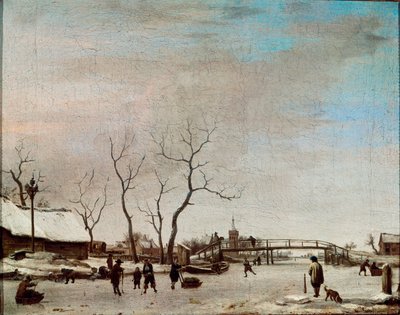 Riviere gelee with skaters Painting by Adriaen Van de Velde le jeune (1636-1672) 1668 Dim. 23x30 cm Paris, Musee du Louvre بواسطة أدريان فان دي فيلدي