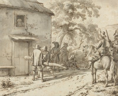 الجنود يجبرون الباب ، 1669 (رسم بالقلم والحبر) بواسطة أدريان فان دي فيلدي