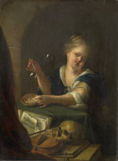 فتاة تهب الفقاعات مع Vanitas Still Life بواسطة أدريان فان دير ويرف (رجل)