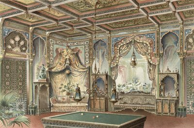 غرفة بلياردو مغاربية ، رسم توضيحي من "La Decoration Interieure" ، نُشر حوالي 1893-94 (ليثو ملون) بواسطة أدريان (بعد) سيمونيتون