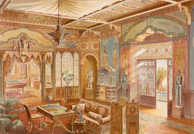 غرفة ألعاب على الطراز الآشوري ، رسم توضيحي من "La Decoration Interieure" نُشر عام 1893-94 (لون ليثو) بواسطة أدريان (بعد) سيمونيتون