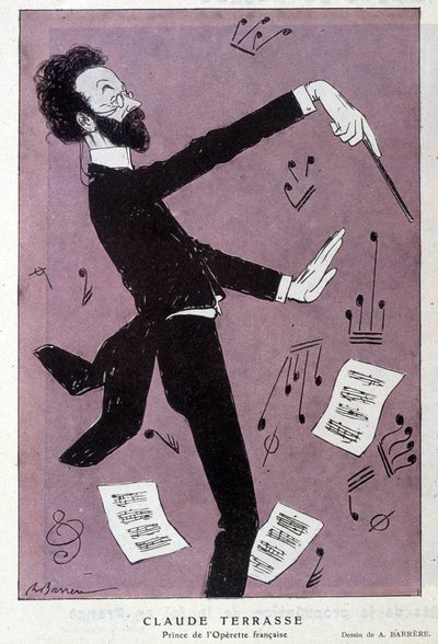 رسم كاريكاتوري لكلود أنطوان تيراس (1867-1925) ، الملحن الفرنسي: أمير الأوبرا الفرنسية. في Fantasio. رسم باريير. بواسطة أدريان باريري
