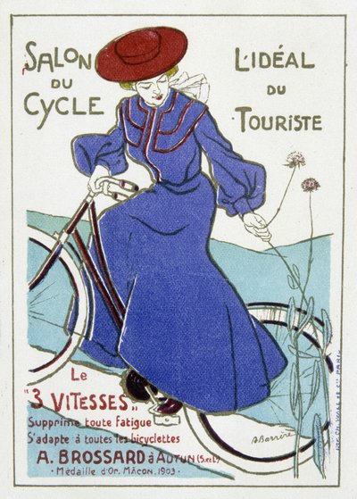 معرض الدورة المثالية للسياحة. الإعلان عن دراجات A. Brossard ، الميدالية الذهبية في ماكون عام 1903. رسم توضيحي لباريري يعود تاريخه إلى بداية القرن العشرين. بواسطة أدريان باريري