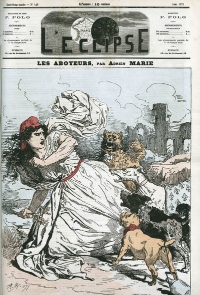Barking ، الجمهورية تتبعها كلاب ملكية أو بونابارتية. غلاف في "L'Eclipse" بقلم Adrien Marie ، يونيو 1871 ، باريس. بواسطة أدريان إيمانويل ماري