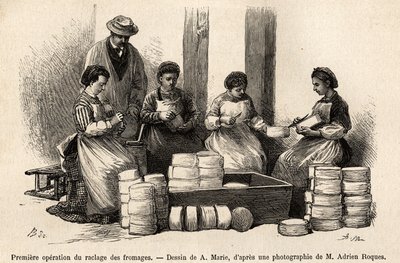 أول عملية لكشط الجبن ، بعد ثمانية أيام من الخمرة ، تتم إزالة الجزء السفلي الذي نما على سطح الجبن للسماح بتلامس أفضل مع الهواء النقي للقبو ، والذي يتم إزالته ، ويستخدم لإطعام الماشية ، النقش في الخلف بواسطة أدريان إيمانويل ماري