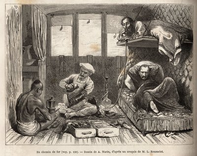 The interior of an East Indian Railway railway bed wagon, on the route to Azimgange, in a large compartment, a removable berth and a washroom, as well as the staff of the car who oversees the comfort of the passengers, available to wax boots, prepare hot d بواسطة أدريان إيمانويل ماري