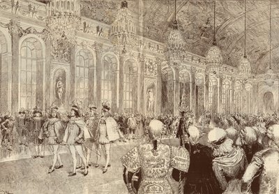 موكب فرسان وسام الروح القدس (الروح القدس) في صالة الجليد بقلعة فرساي في يوم عيد العنصرة عام 1789. رسم لأدريان ماري من عام 1889. بواسطة أدريان إيمانويل ماري