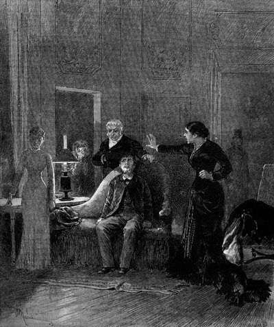 التمثيل المسرحي: الفصل الخامس من "جاك" لألفونس داوديت (1840-1897) وه. لافونتين مع الآنسة سيسوس (سيسيل) ، إم بوريل (دكتور ريفالز) ، إم تشيل (جاك) ، ملكة جمال مونتالاند (إيدا دي بارانسي) ). باريس ، مسرح دي لوديون بواسطة أدريان إيمانويل ماري